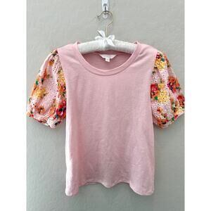 LAUREN CONRAD | Light Pink Knit Garden Floral Eyelet Puff Sleeve Top | XS